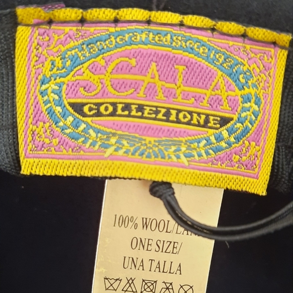 Scala Collezione Handcrafted Black Wool Hat Leather Braiding Detail - Picture 7 of 10
